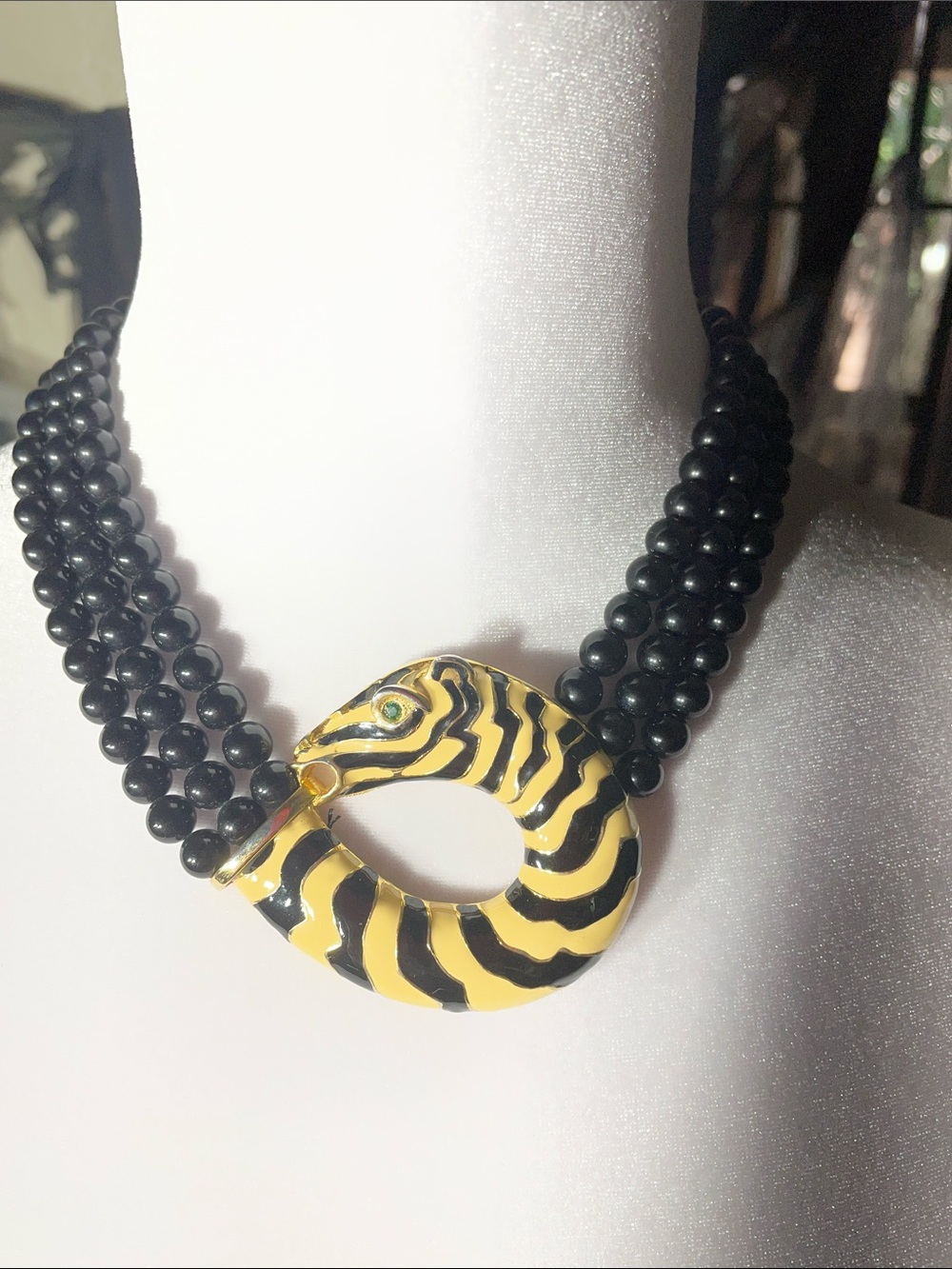 Black Beaded Necklace with Yellow and Black Zebra Pendant vintage